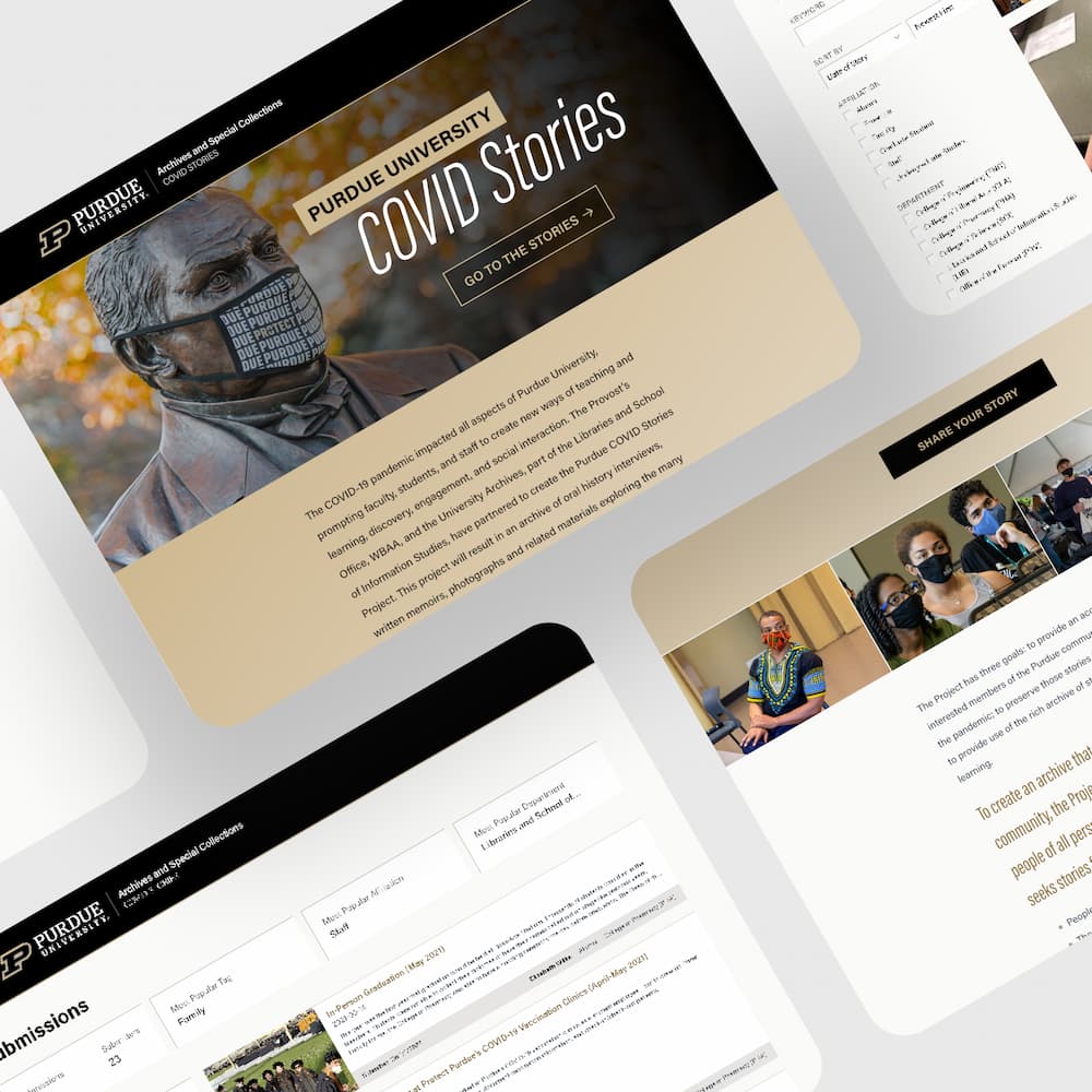 Screenshots of the Purdue COVID Stories application